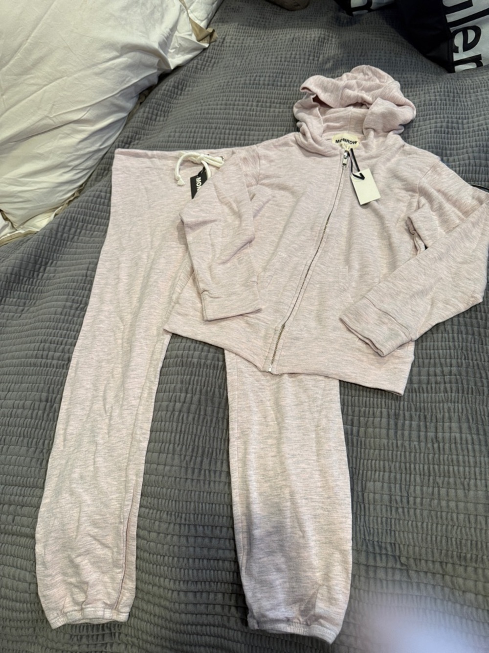 Monrow Pale Blush Heather Zip Hoodie Set